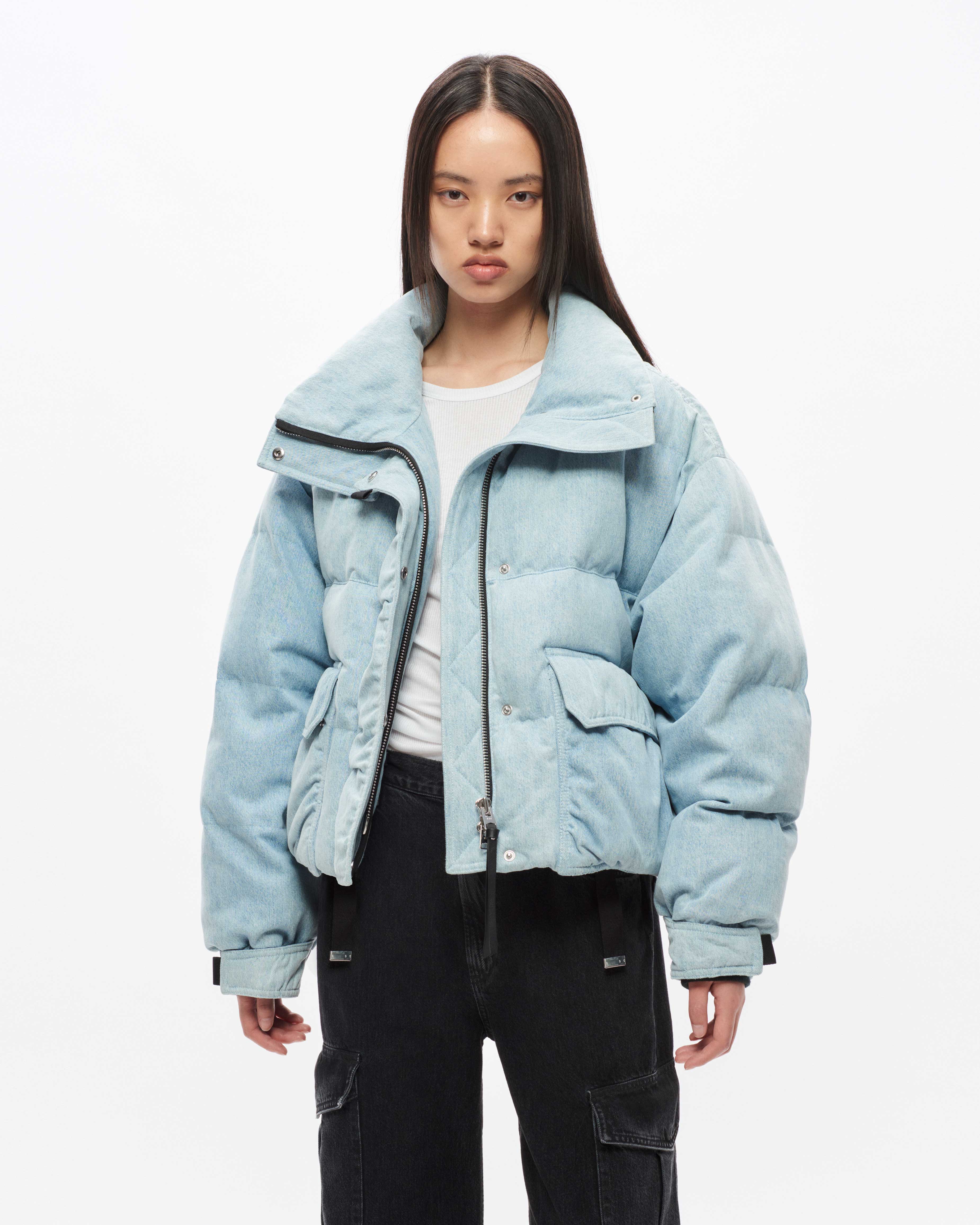 Denim puffer outlet jacket